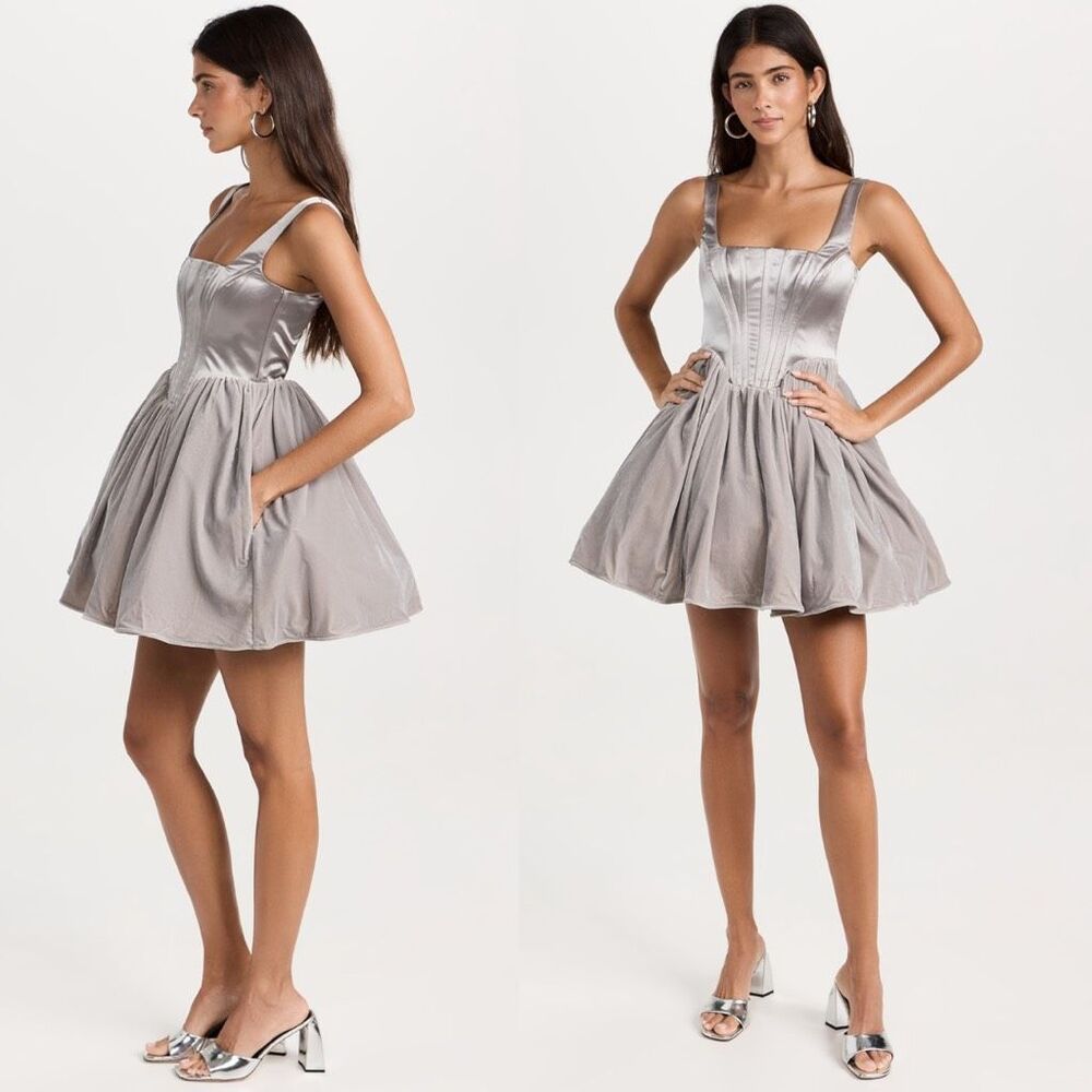 Staud Dress Landscape Silver Square Neck Corset Velvet‎ Satin Mini Dress Size 0